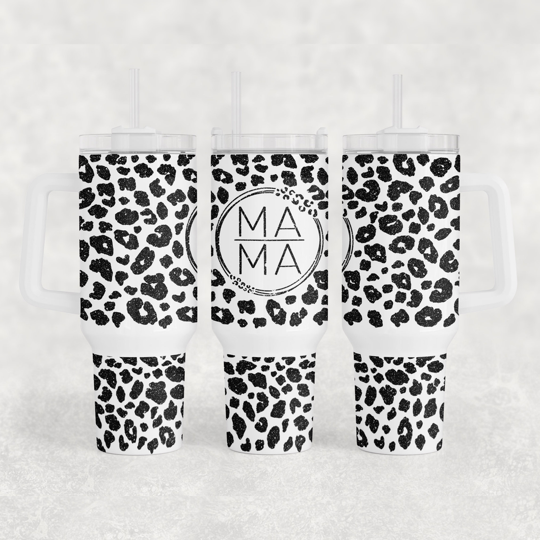 40 Oz Black Glitter Leopard Mama Tumbler