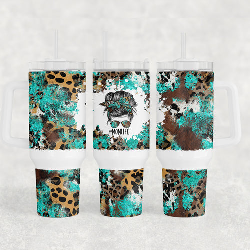 40 Oz Cowhide Leopard Turquoise Mom Life Tumbler