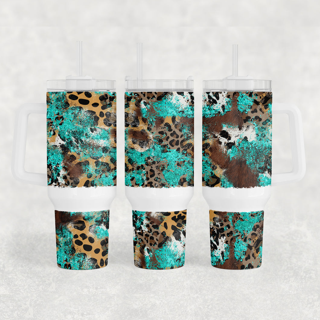 40 Oz Cowhide Leopard Turquoise Tumbler